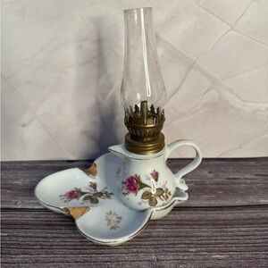 Vintage Nanco Mini Oil Lamp Finger Loop Porcelain Lantern Pink Rose Japan